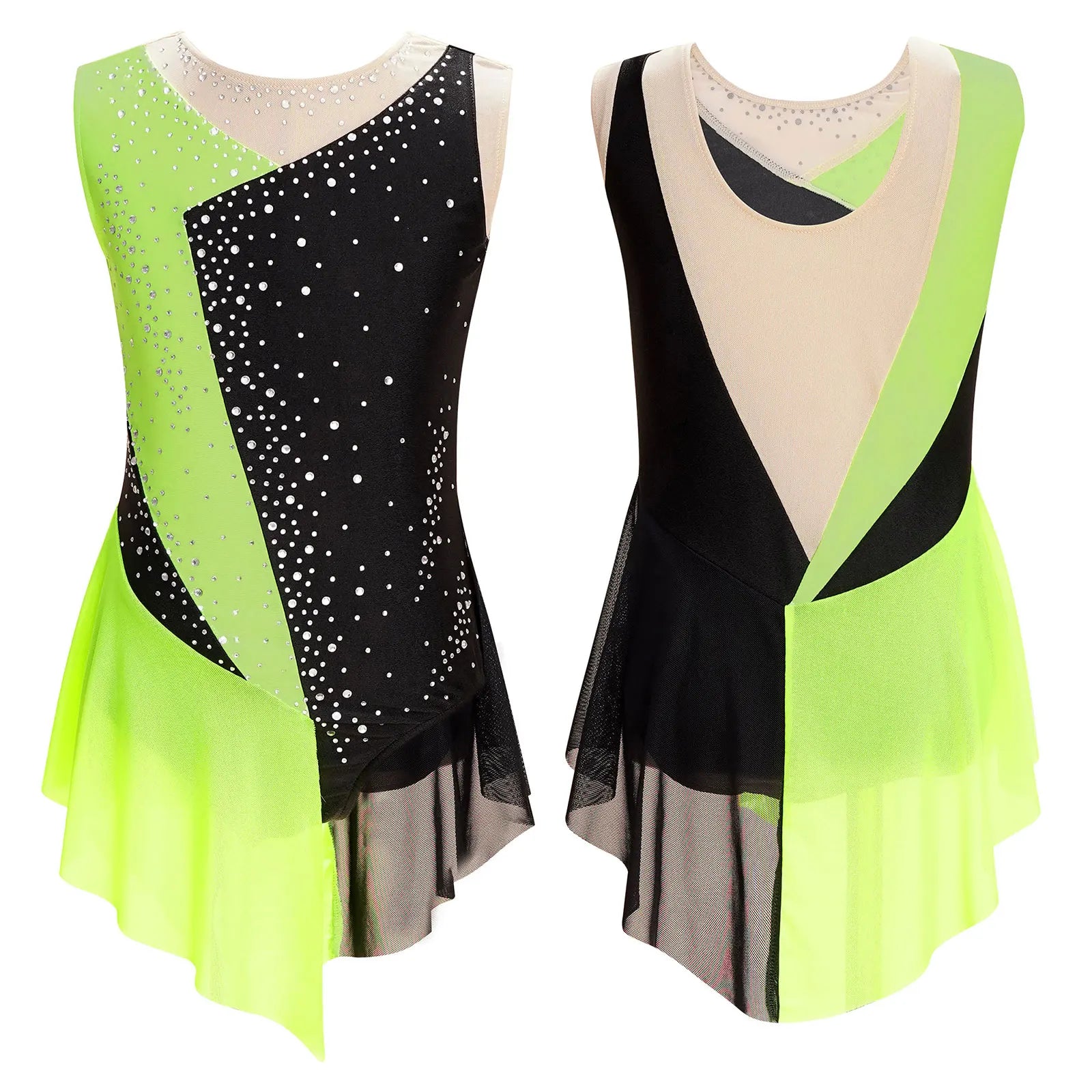 Girls Figure Ice Skating Dress &ndash; Color Block Rhinestone Design Fluorescent Yellow / 6
