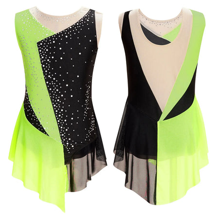Girls Figure Ice Skating Dress &ndash; Color Block Rhinestone Design Fluorescent Yellow / 6