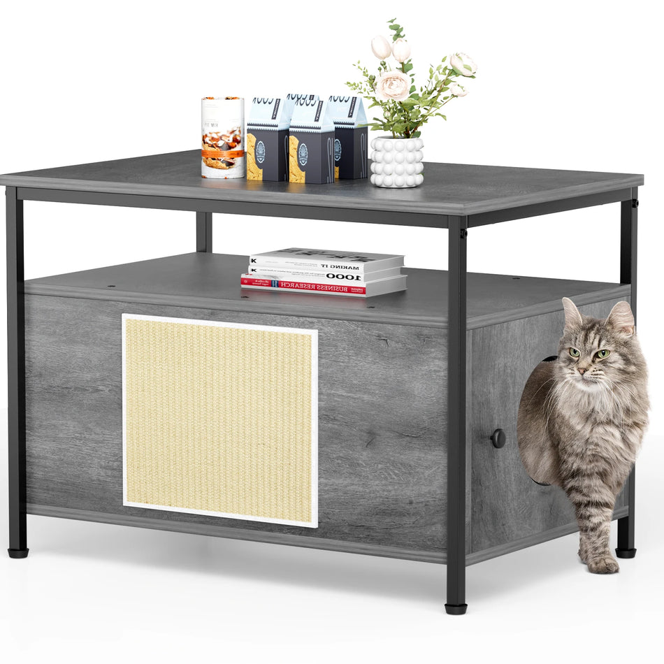 Cutie de nisip din lemn pentru pisici cu masă laterală și raft