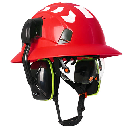 CE Full Brim Hard Hat With Goggles Earmuffs &ndash; All In One Red set