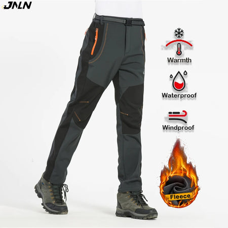 JNLN Men Winter Fleece Pants Warm Waterproof Hiking Pants Outdoor Camping Climbing Skiing Soft Shell Windproof Rain Trousers