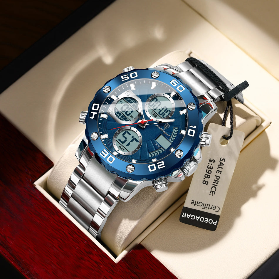 Relógio de Pulso Masculino Sport Aço Inoxidável POEDAGAR LED Duplo Horário, Alarme, Quartzo, À Prova D'Água