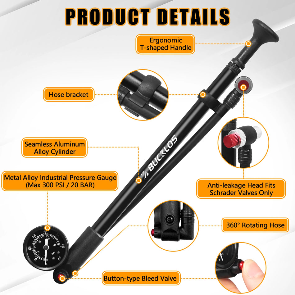 Bucklos MTB Přední Vidlicová Pumpa Přenosná Hliníková 300Psi Jedním Kliknutím Vypustit