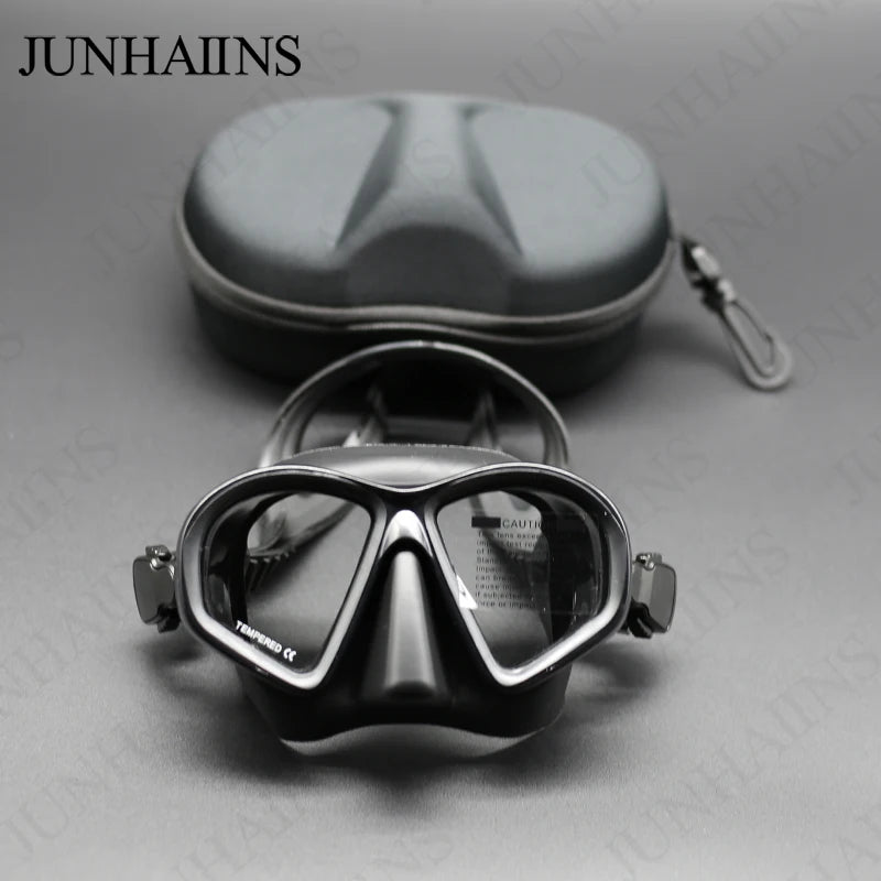 JUNHAIINS Tempered Glass Freediving Mask with Foldable Snorkel &amp; Camera Mount BLACK MASK WITH BOX