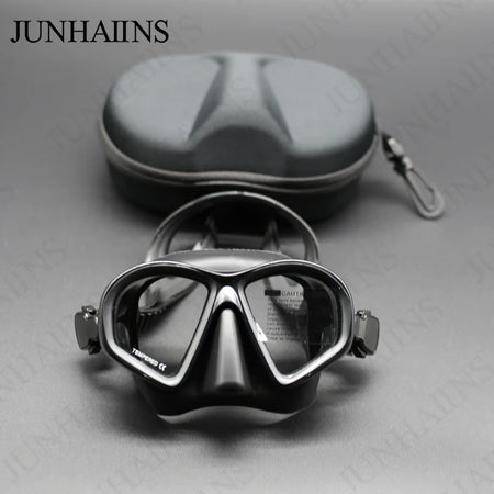 JUNHAIINS Tempered Glass Freediving Mask with Foldable Snorkel &amp; Camera Mount BLACK MASK WITH BOX