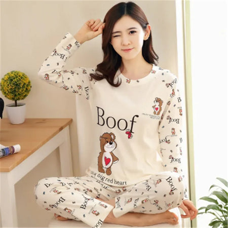 Autumn Thin 2-Piece Pajama Set - Round Neck &amp; Cartoon Style for Women