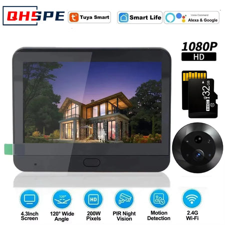 Icam365 Peephole Camera &ndash; Night Vision And 4.3In Screen Black   32G