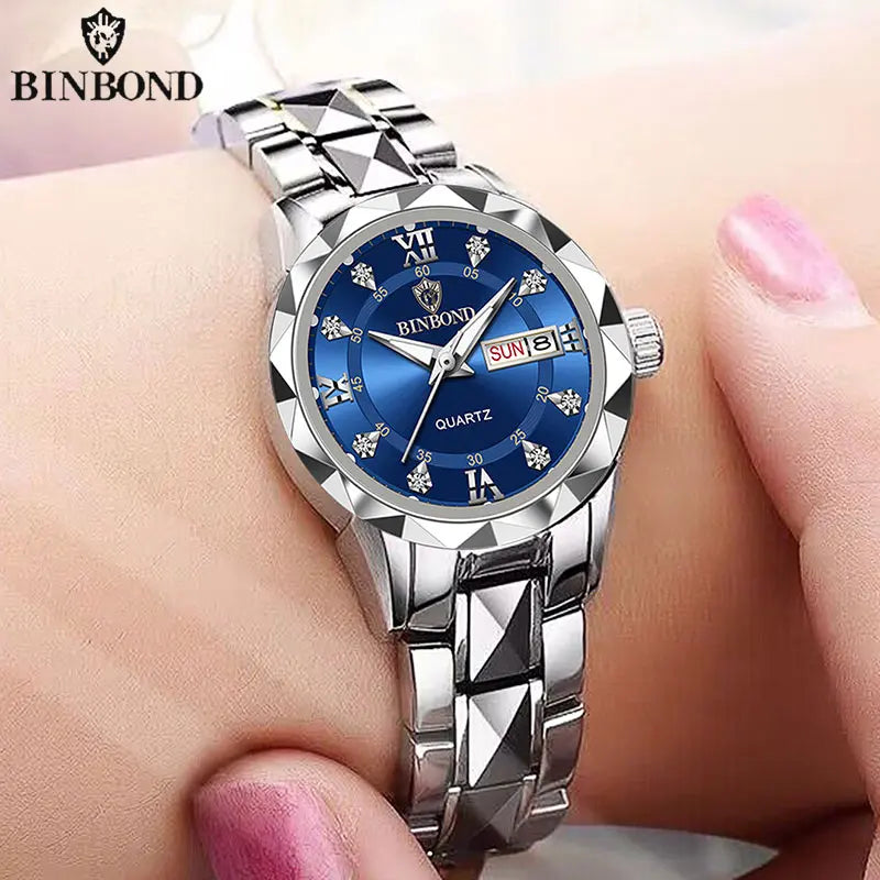 BINBONG Luxury Ladies Quartz Watch - Waterproof &amp; Luminous Silver Blue Ms