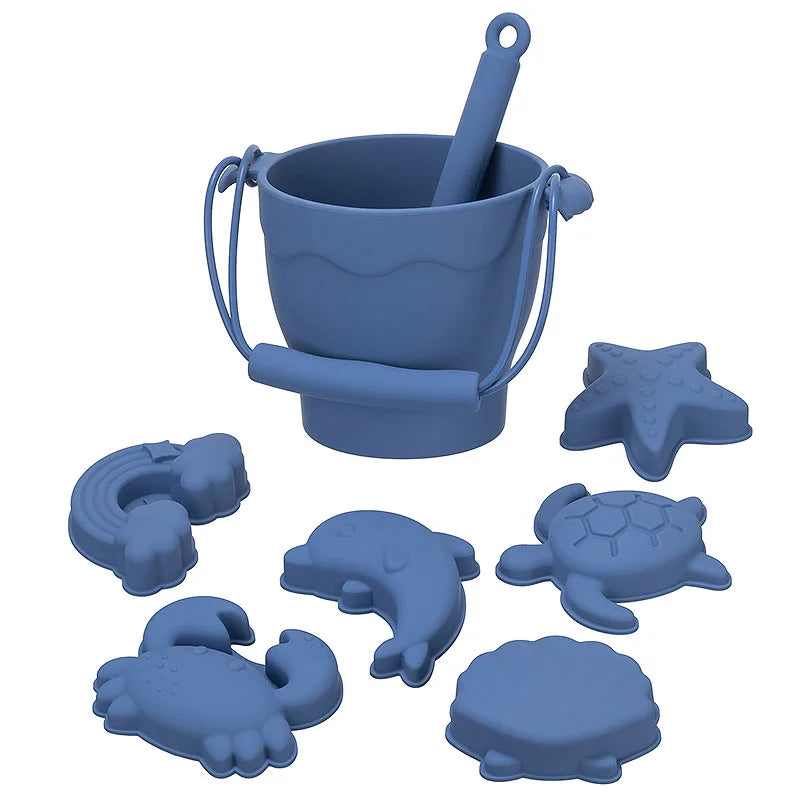 Silicone Beach Toy Set for Kids - 8 Piece Sand Play Set with Bucket and Fun Accessories for Outdoor Fun CED0002-C