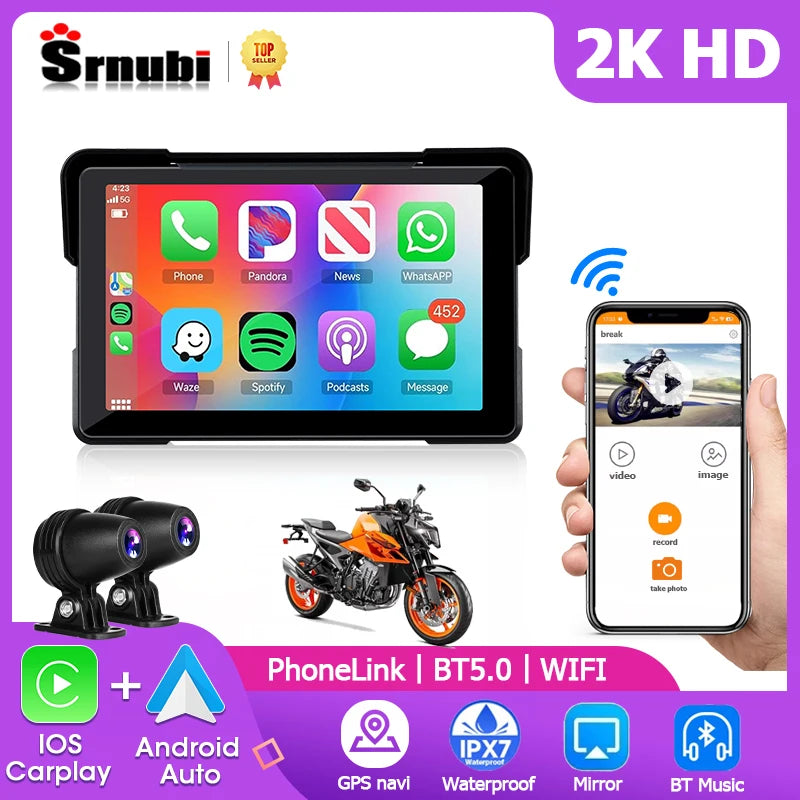 Srnubi 7 Inch 2K HD Motorcycle DVR &ndash; Wireless CarPlay and Android Auto Support
