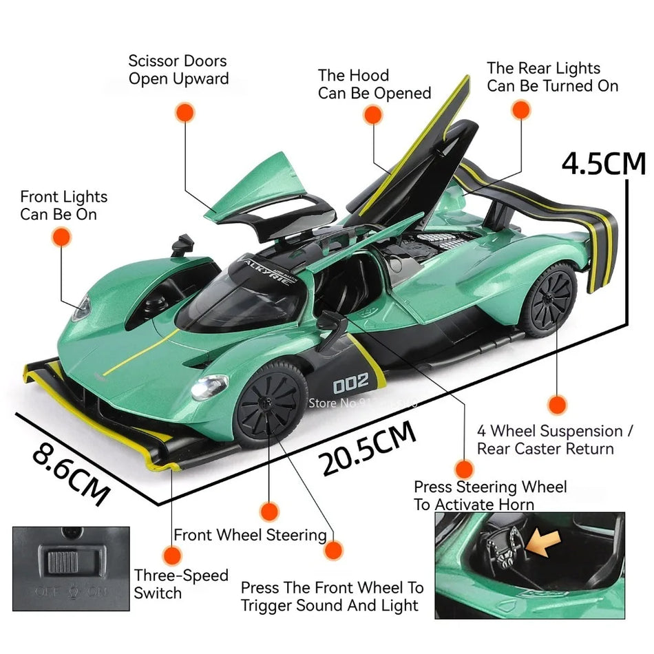 Modelo de coche deportivo Valkyrie GT-R50 de aleación de metal fundido 1:24 con sonido y luz.