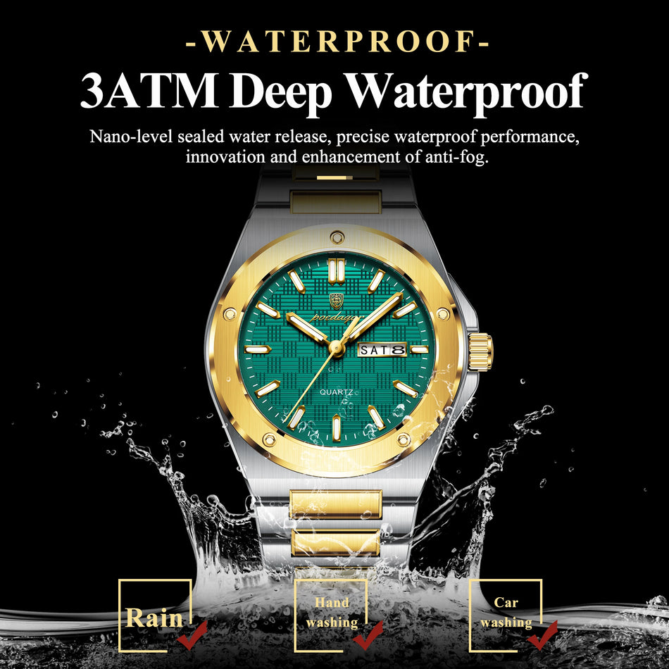 POEDAGAR Men's Stainless Steel Quartz Watch with Date and Week Display Waterproof