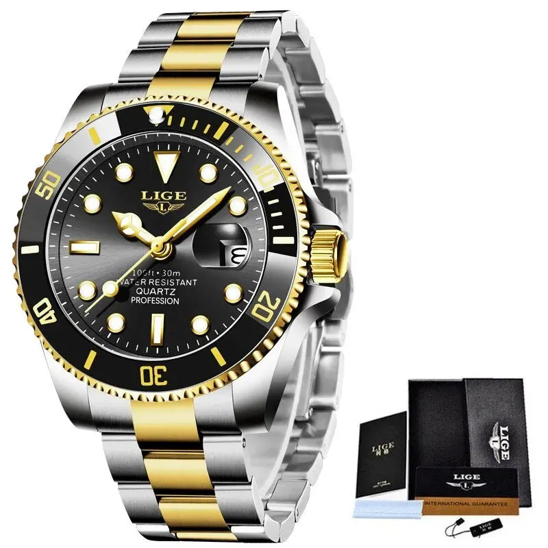 LIGE Luxury Fashion Diver Watch Men &ndash; 30ATM Waterproof Date gold black