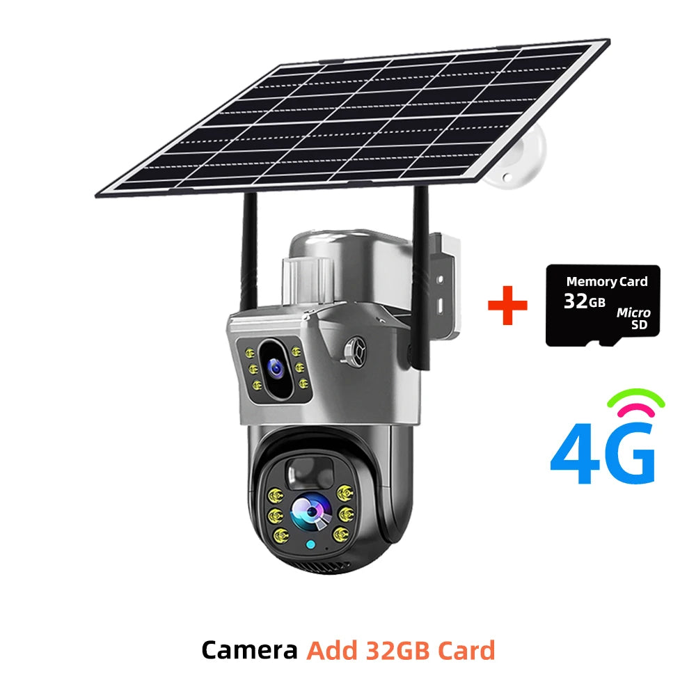 V380 Pro 4G Solar Camera Dual Lenses Outdoor 8MP 4K Low Power Battery IP Camera PIR Night Vision CCTV Security Protection 4G Cam 32GB Card