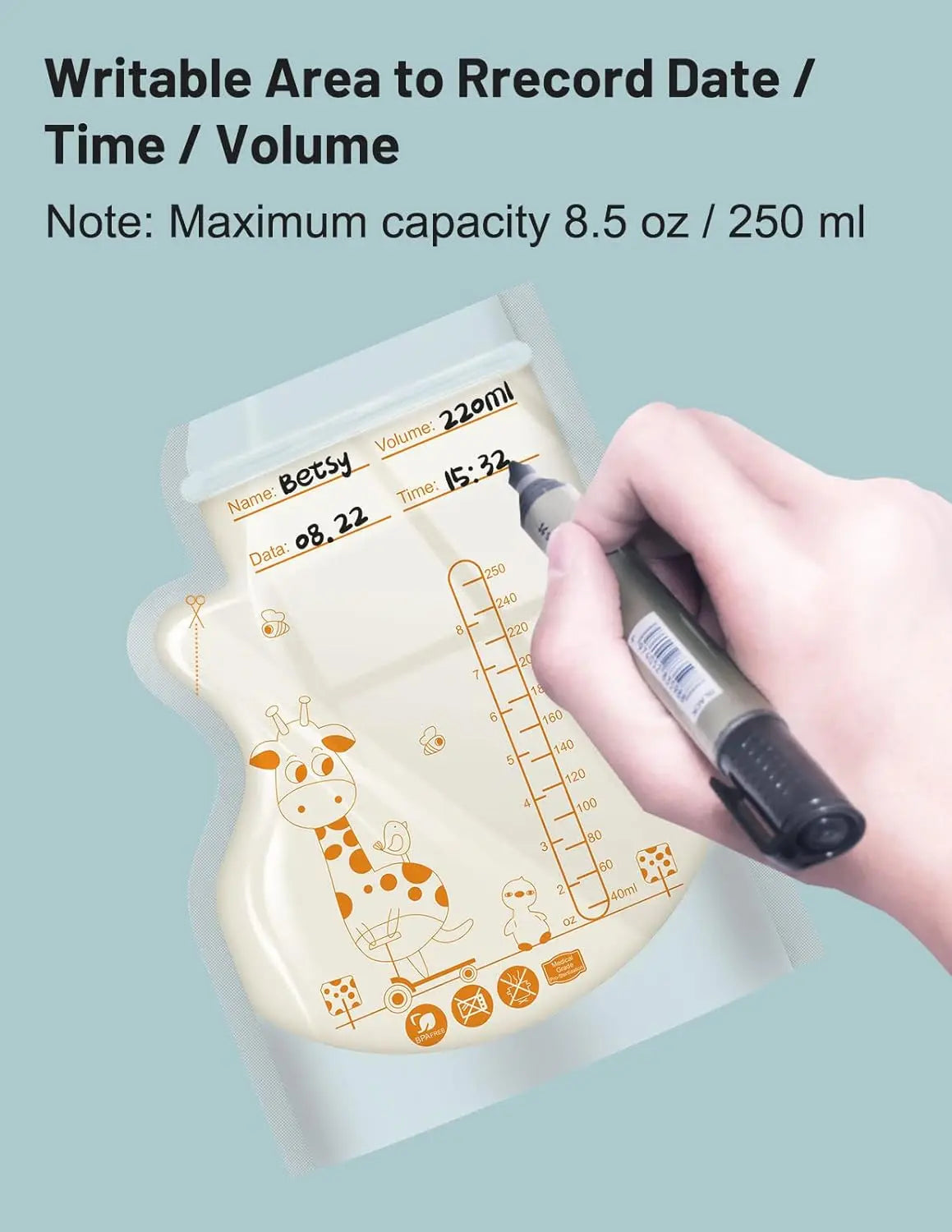 MIGITOS Self-Standing Breastmilk Storage Bags - 250ml, 100pcs, BPA Free