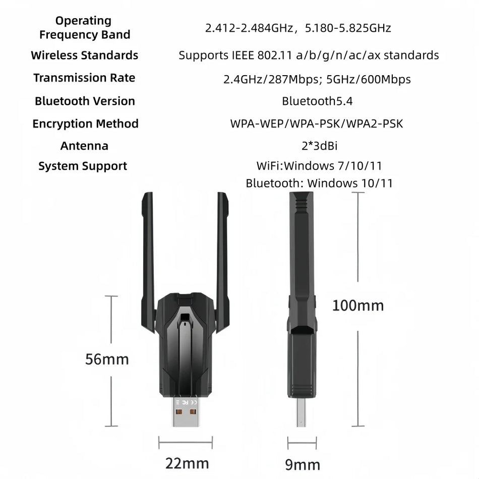 Bluetooth 5.4, Çift Bant 2.4GHz, 5GHz ile WiFi 6 AX900 USB Adaptörü