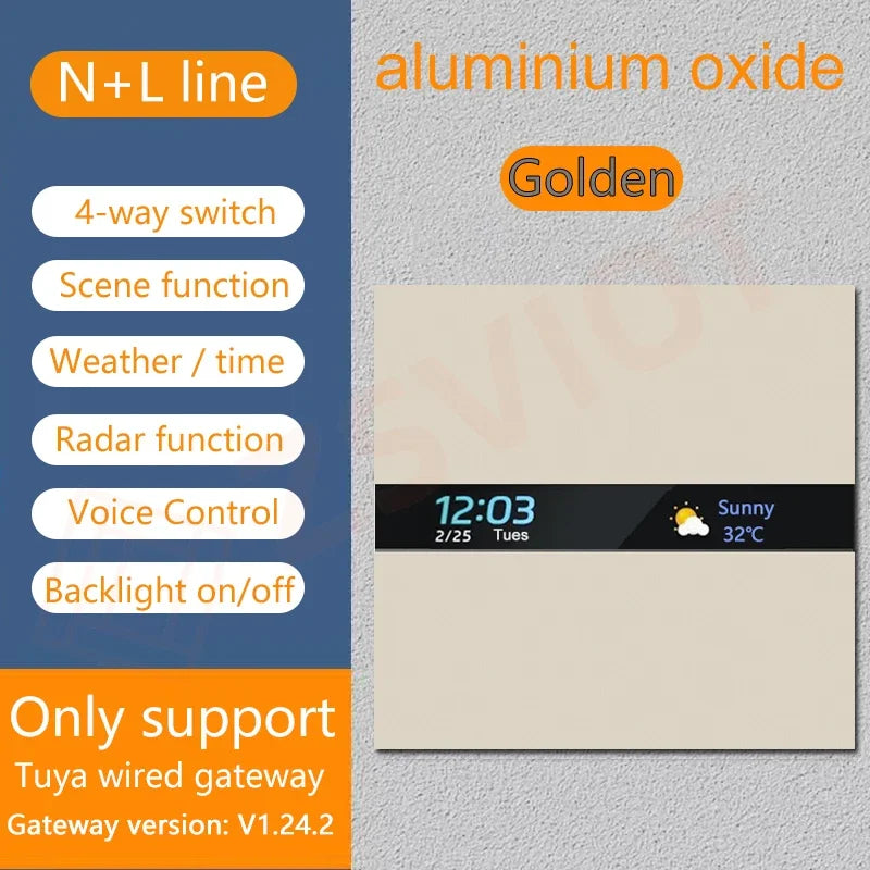 Tuya Zigbee 4 Gang Weather Display Switch &ndash; Time Display Aluminium golden
