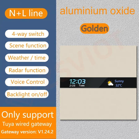 Tuya Zigbee 4 Gang Weather Display Switch &ndash; Time Display Aluminium golden