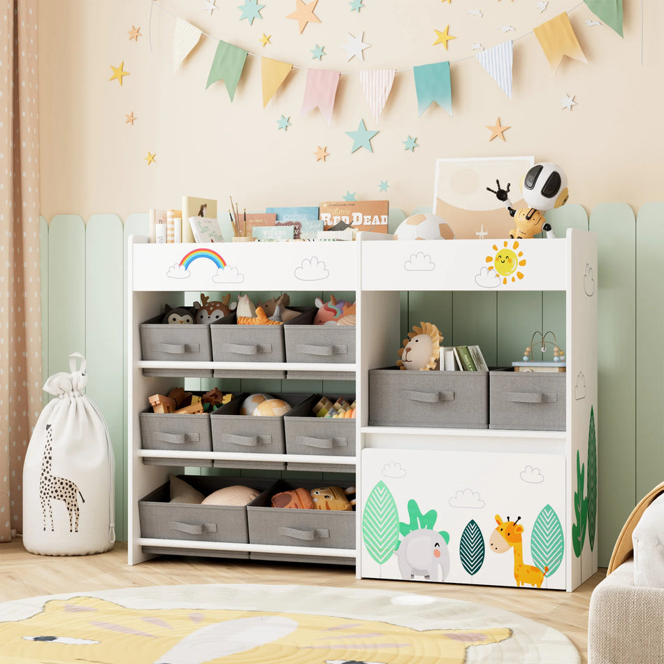 Ξύλινη Βιβλιοθήκη Αποθήκευσης Παιχνιδιών Με 10 Υφασμάτινους Κάδους Και Πόρτες