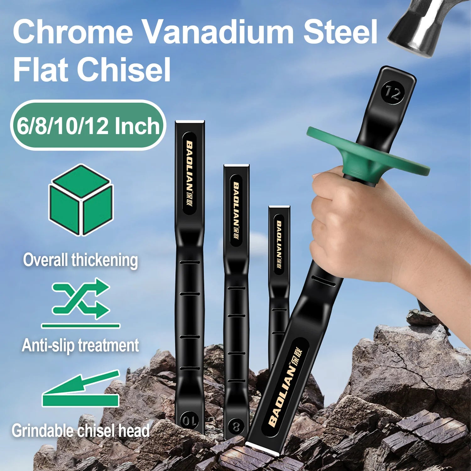 Chrome Vanadium Steel Flat Chisel with Hand Guard &ndash; 6/8/10/12 Inch Options