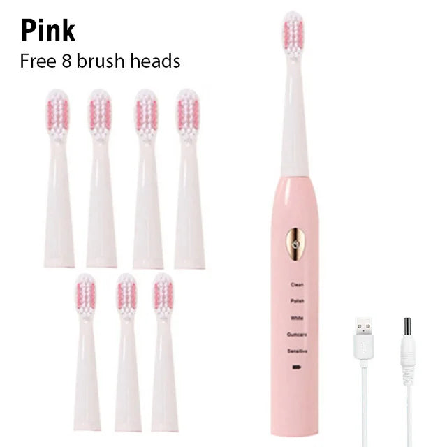 Sonic Electric Toothbrush &ndash; 5 Gear Modes for Superior Cleaning Pink with 8 Brush