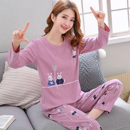 Autumn Thin 2-Piece Pajama Set - Round Neck &amp; Cartoon Style for Women
