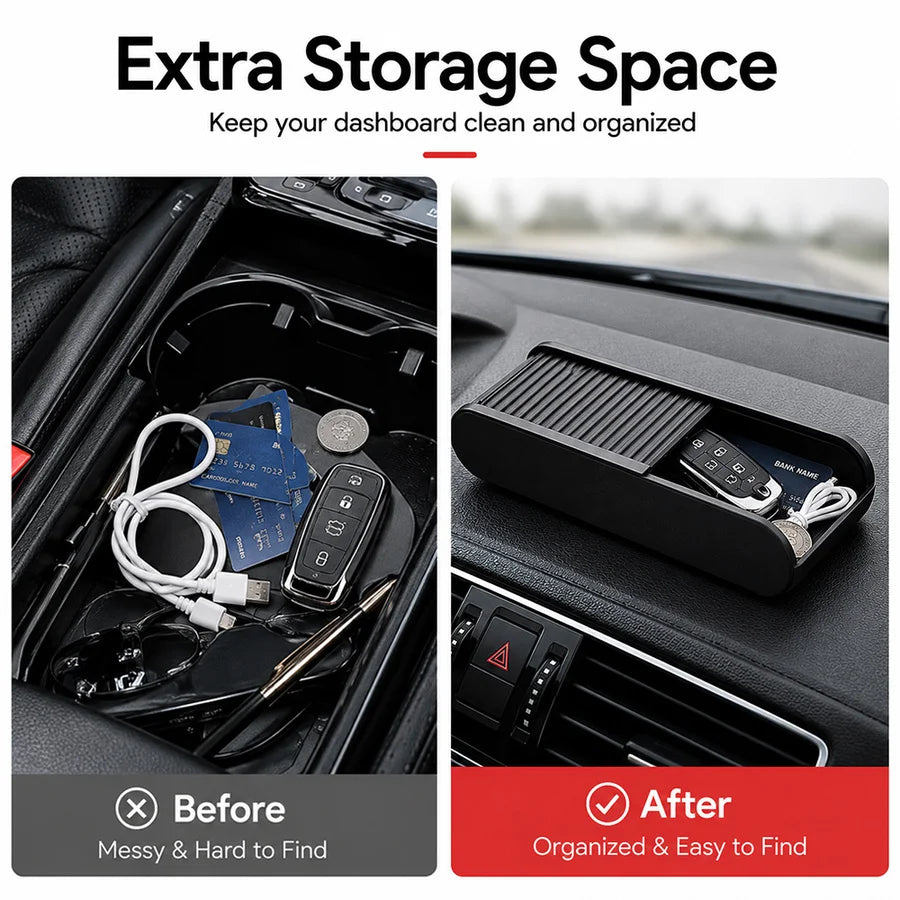 Car Dashboard Storage Box With Sliding Lid, Glasses And Keys Organizer