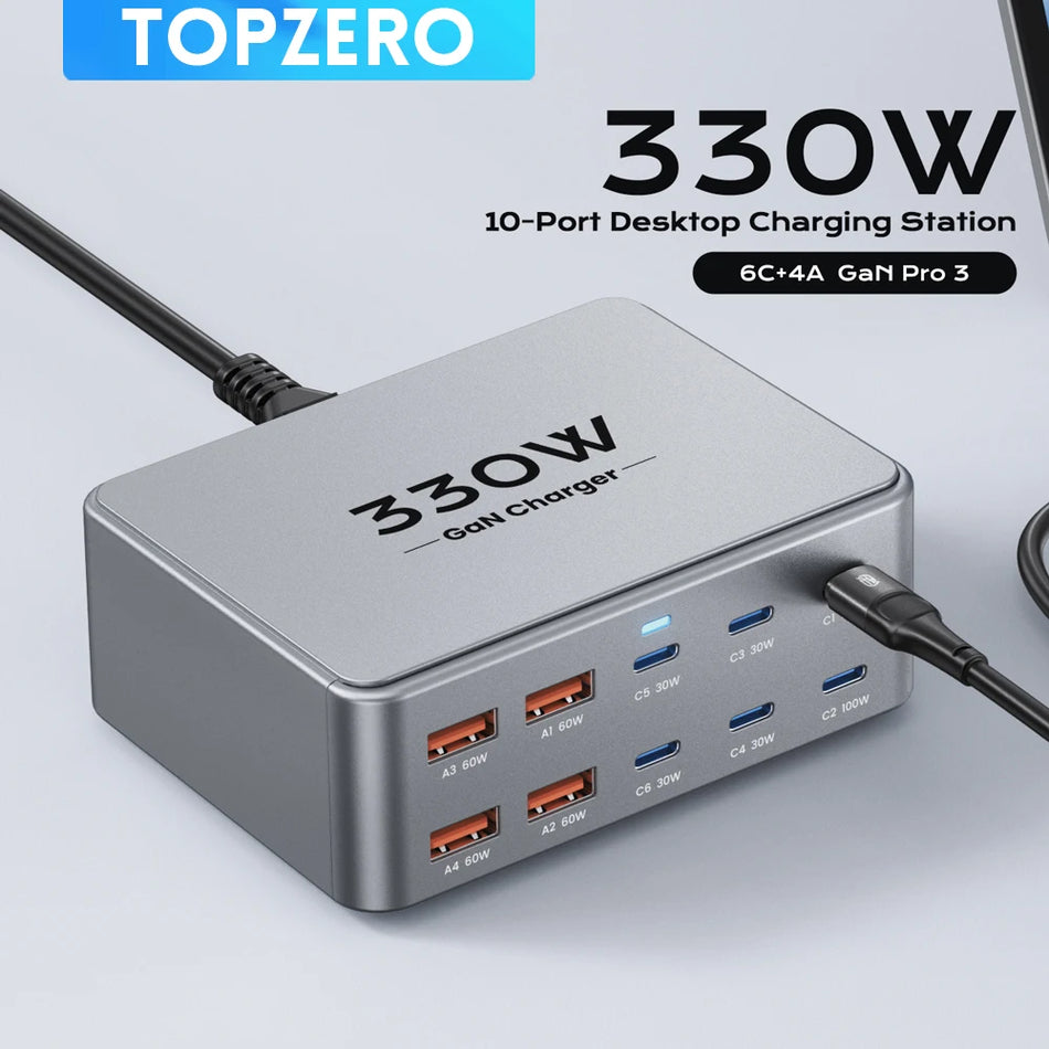 TOPZERO 330W GaN USB C Charger &ndash; Ultra-Fast 10-Port Charging KR Plug