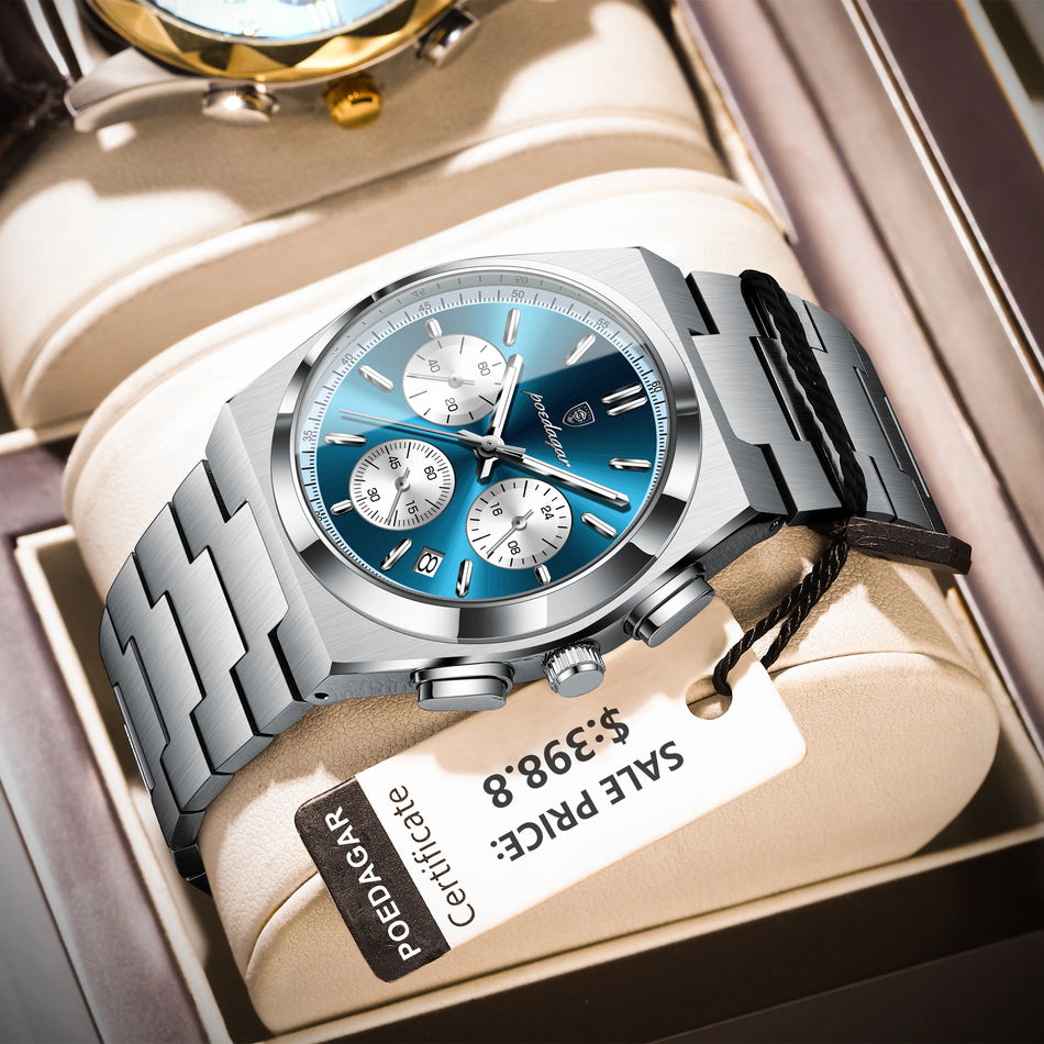 Luxury Men's Quartz Watch With Stainless Steel Case, Waterproof Chronograph