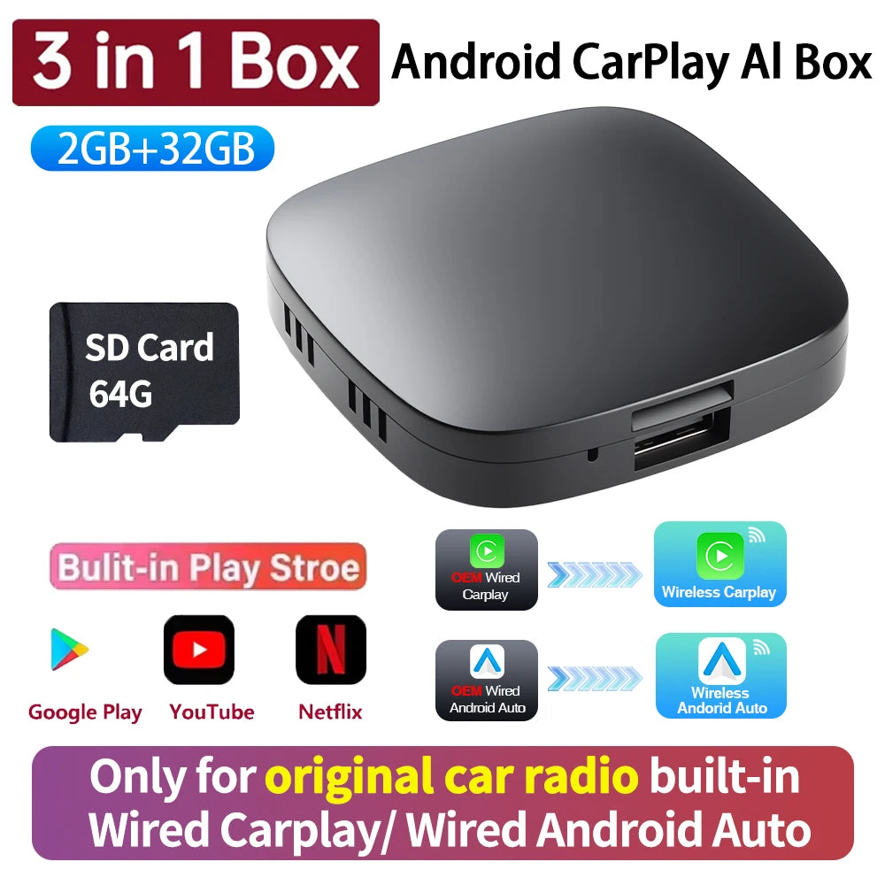 Android Smart 3in1 AI Box 2GB 32GB - Wireless CarPlay AI36 64G