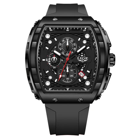 LIGE Luxury Square Casual Quartz Watch - 50M Waterproof Chronograph All black