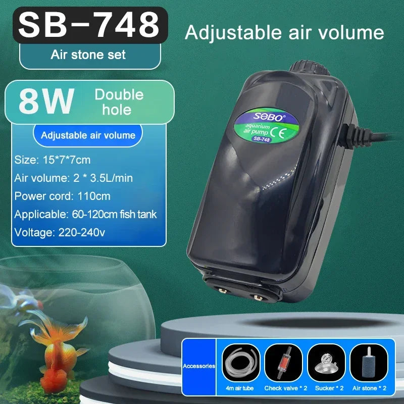 SOBO Silent Aquarium Oxygen Air Pump - Ultra Silent SB748 air stone set / CHINA