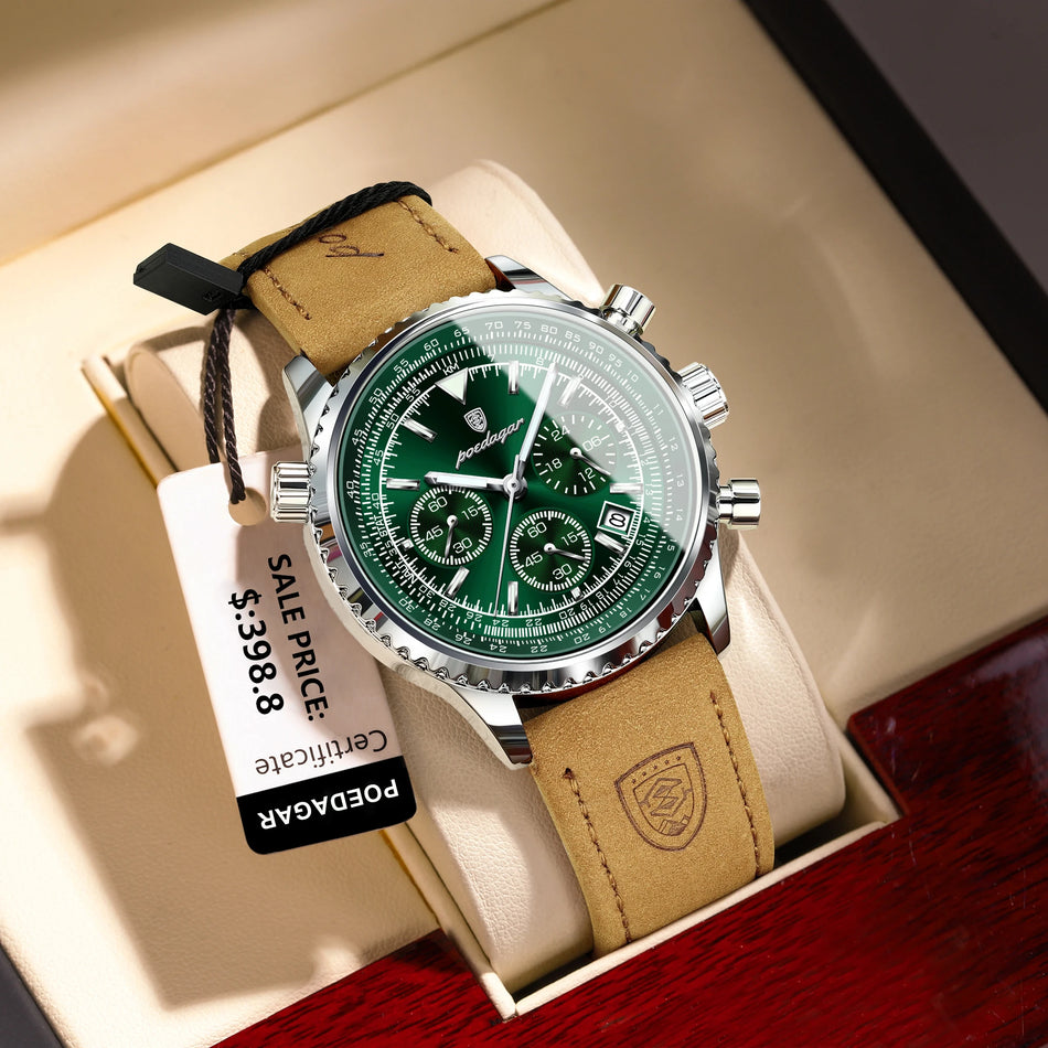 Luxury Leather Men's Quartz Luminous Chronograph Watch Waterproof Date