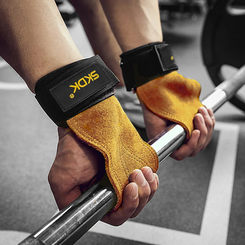 Cowhide Gym Grips with Wrist Wraps - Ideal for Weightlifting &amp; Workouts