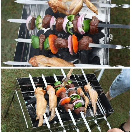 Premium 12-Piece Stainless Steel Barbecue Skewers with Wooden Handles
