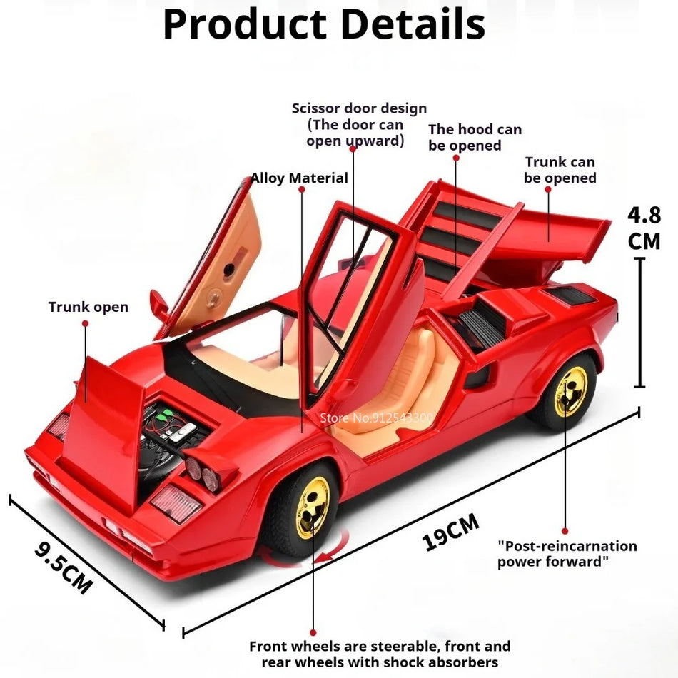 Modelo em Metal Diecast Countach LP500S Revuelto com Direção nas Rodas Dianteiras 1:24