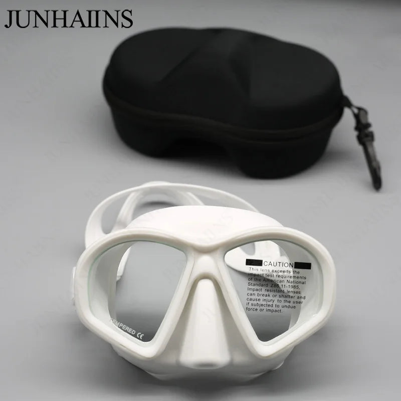 JUNHAIINS Tempered Glass Freediving Mask with Foldable Snorkel &amp; Camera Mount WHITE MASK WITH BOX
