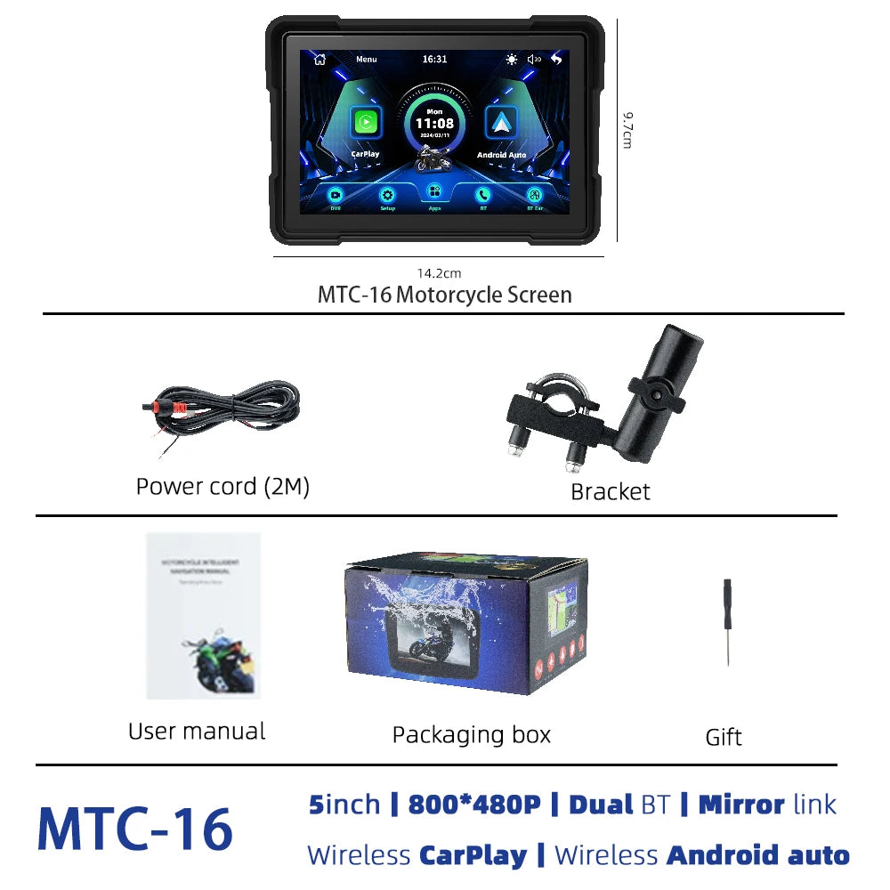 EVKEY Navigation Motorcycle 5 Inch Wireless Carplay Display Screen &ndash; Wireless Android Auto Monitor MTC-16