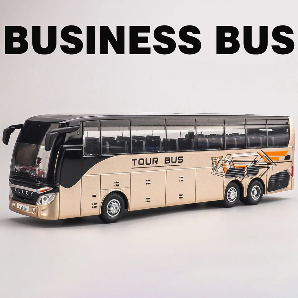 1:30 Model de autobuz din metal turnat cu lumini, uși deschise, acțiune prin tragere înapoi, caroserie din aliaj