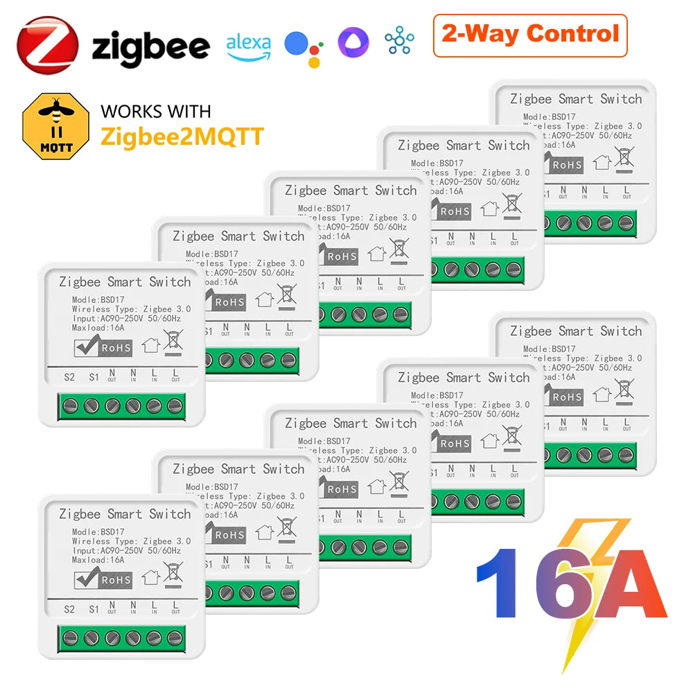 Zigbee2MQTT Zigbee3.0 Mini Smart Light Switch - 2 Way 16A Module, Google Home Compatible