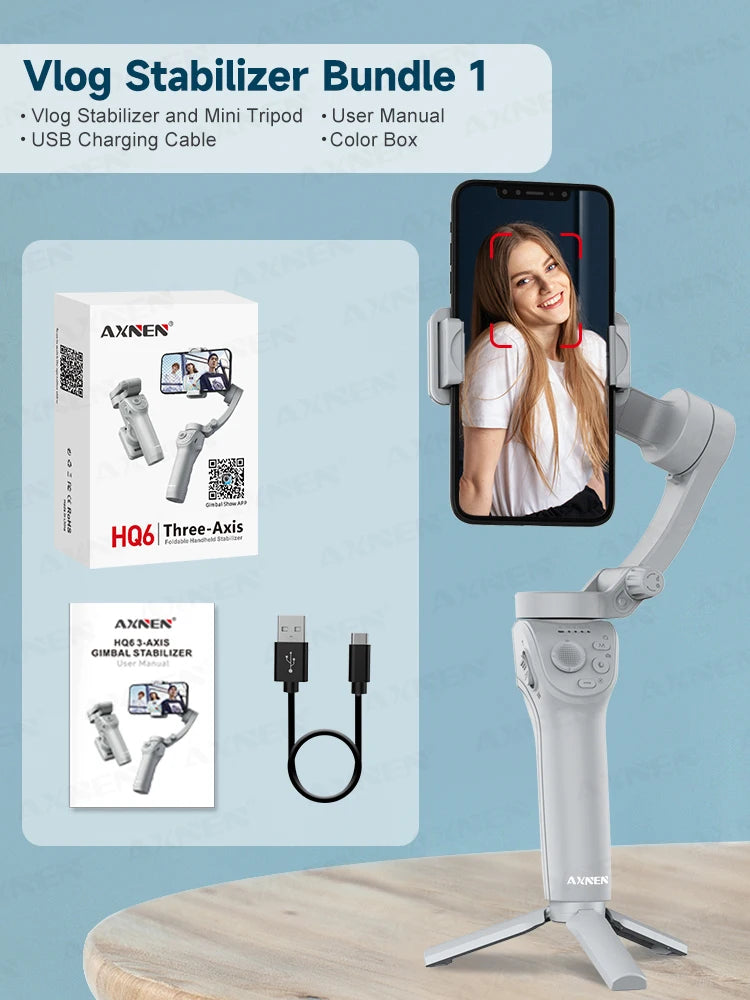 HQ6 3 Axis Anti-Shake Vlog Stabilizer &ndash; Adjustable Fill Light and Face Tracking AXNEN HQ6 Bundle 1 / CHINA