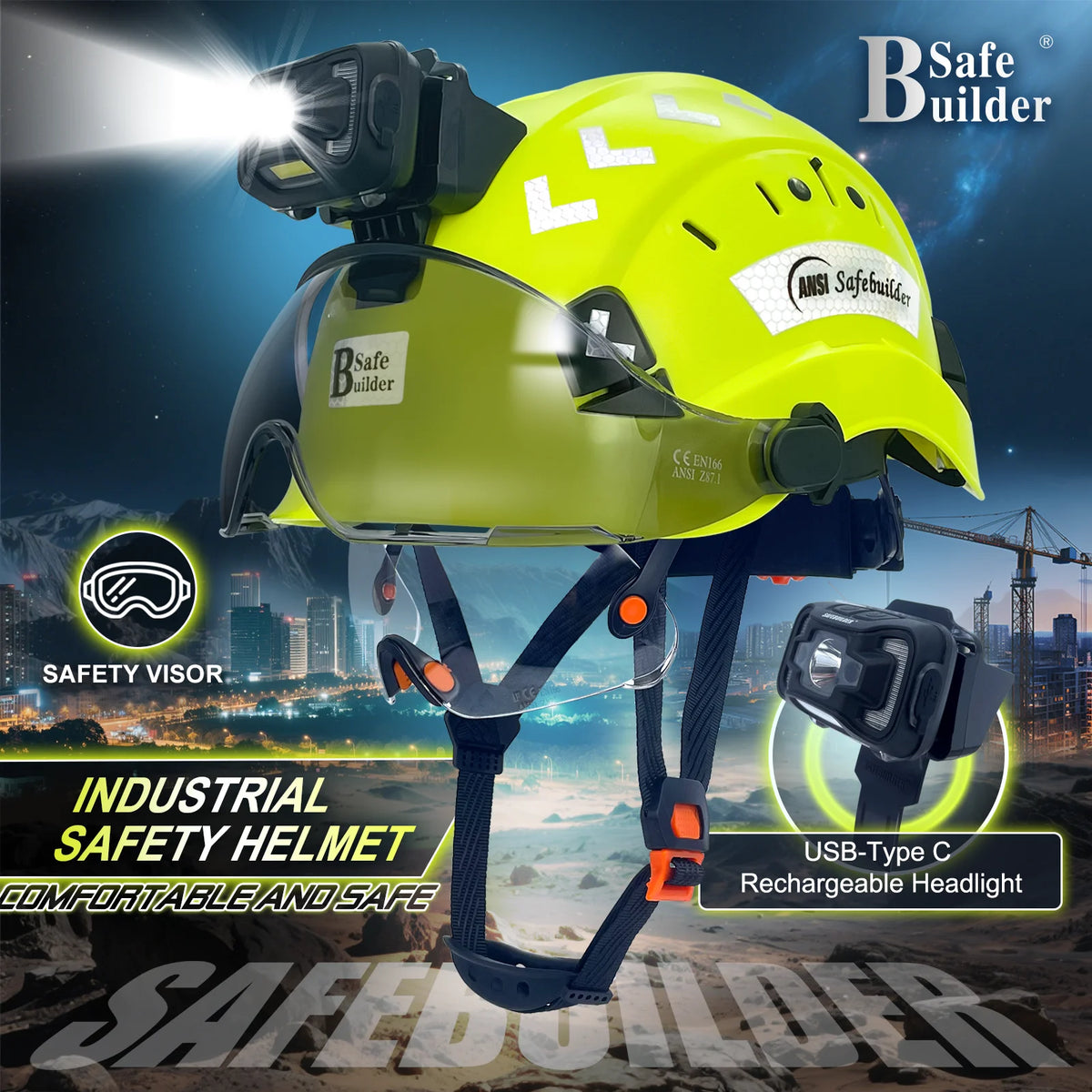 CR06 Safety Helmet With Visor Headlamp &ndash; Rechargeable Light