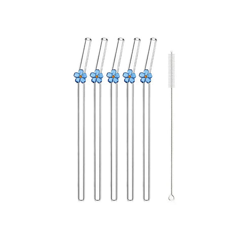 5Pcs Reusable Glass Straws &ndash; Eco-Friendly Flower Shape Design Blue