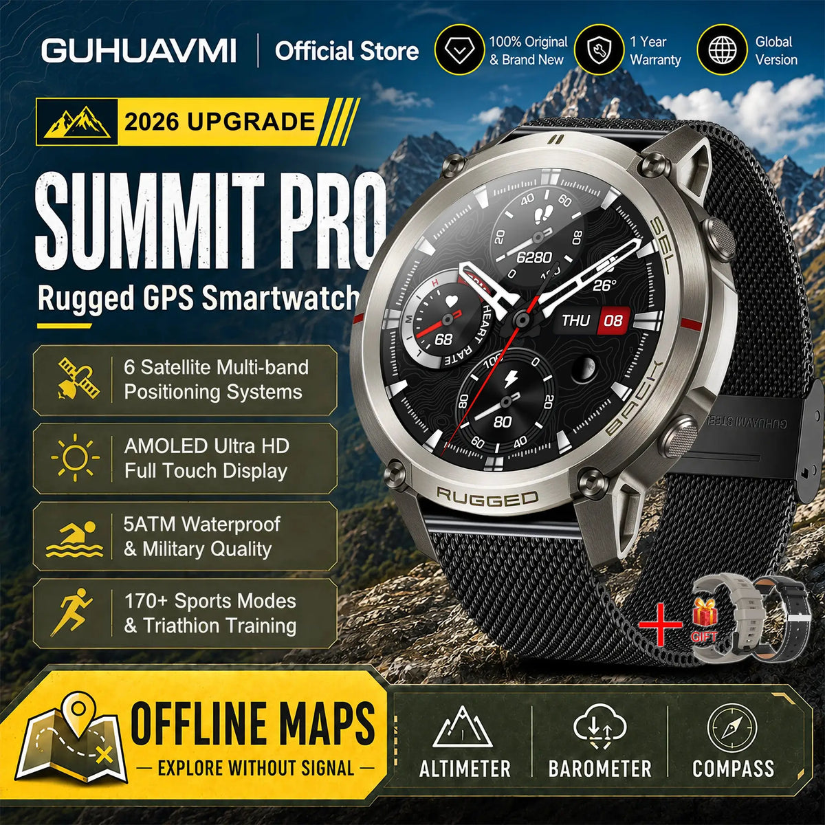 2026 Military Satellite Offline Map GPS Smart Watch Men 1.43''AMOLED Bluetooth Call Compass 5ATM Waterproof 170+Sport Smartwatch by InterCyprus Trading Ltd