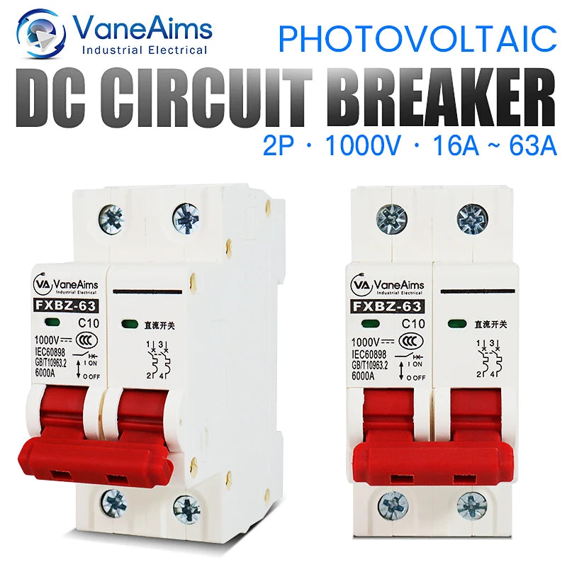 VaneAims 2P DC 1000V Solar Circuit Breaker for Photovoltaic Systems 50A / 2P DC 1000V