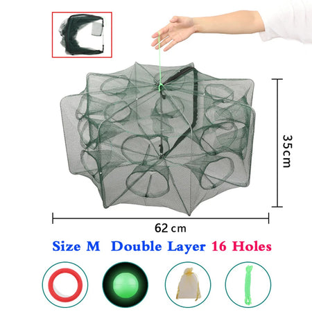 Folding Crayfish Catcher &amp; Fish Trap Nets - Easy &amp; Automatic Trapping Solution M  2-Layer 16 Holes
