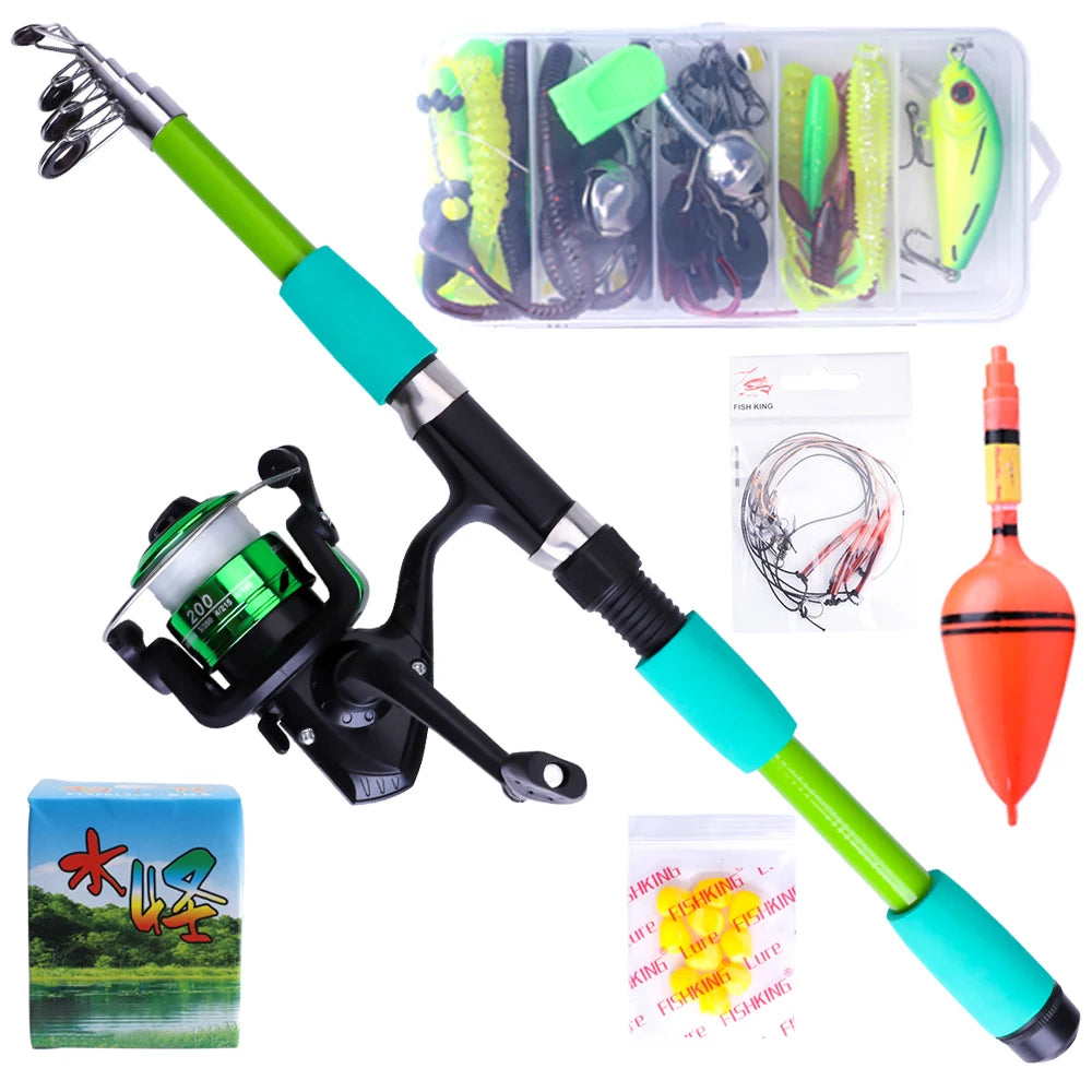 FISH KING Telescopic Fishing Rod Reel Combo - Carbon Fiber, Portable Kit green-Combination / 2.1m