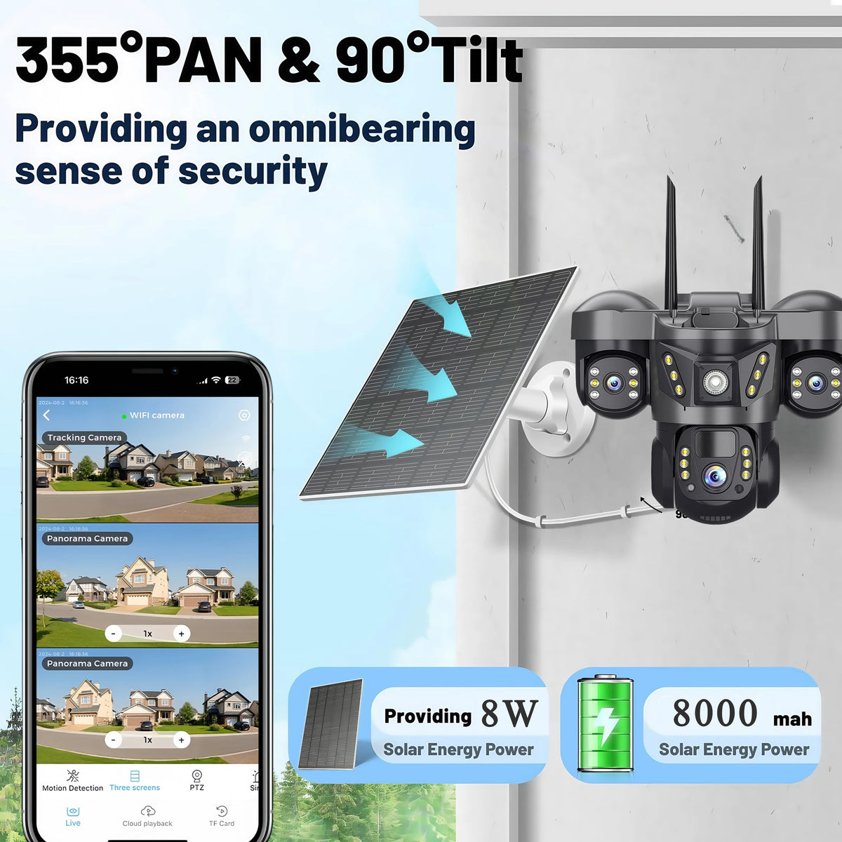 15MP Solar Camera Triple Lens Triple Screen Two-Way Audio Outdoor IP66 Waterproof HD Security CCTV WIFI Wireless Network Camera