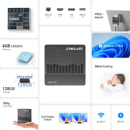 Teclast N10 Mini PC Windows 11 Pro 6GB RAM 128GB ROM N4000