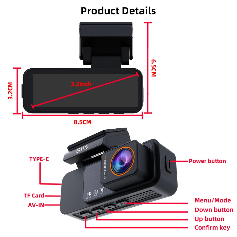 ACCEO Dash Cam 4K UHD - Dual Lens Night Vision GPS